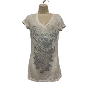 Rawyalty Couture Womens White Burnout Rhinestone Graphic V-Neck Tee‎ Large L
